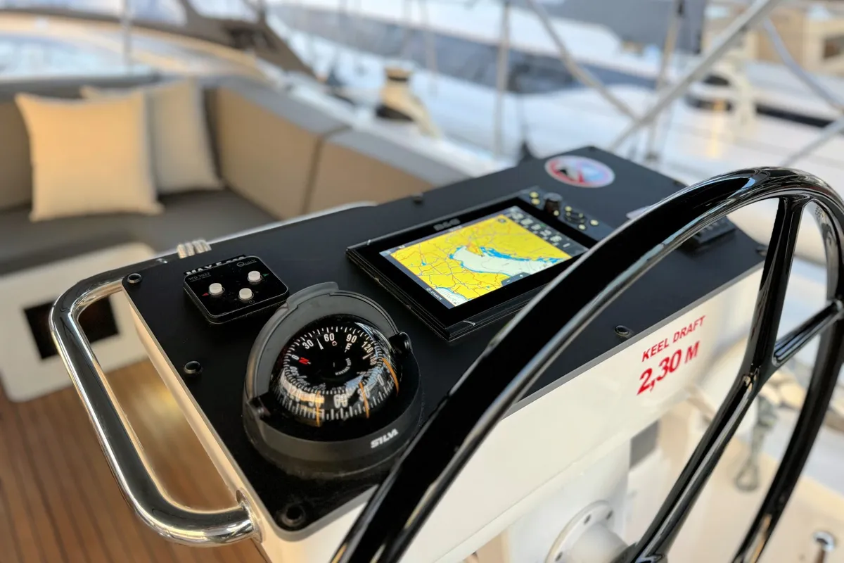 Cockpit of Sabina, a Bavaria C46 sailboat at Pula, Croatia