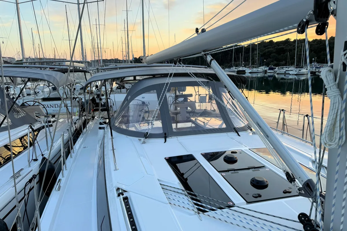 Deck of Sabina, a Bavaria C46 sailboat at Pula, Croatia