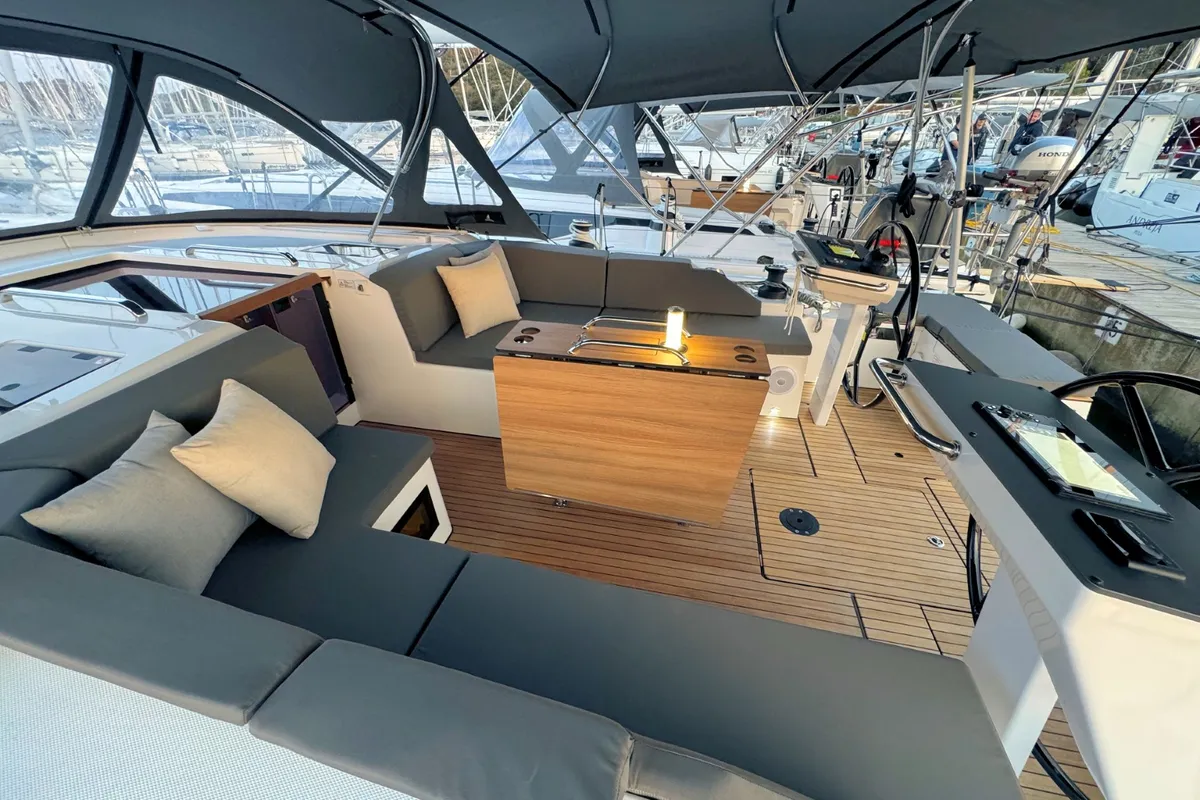 Cockpit of Sabina, a Bavaria C46 sailboat at Pula, Croatia