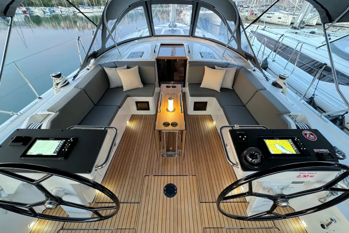 Cockpit of Sabina, a Bavaria C46 sailboat at Pula, Croatia