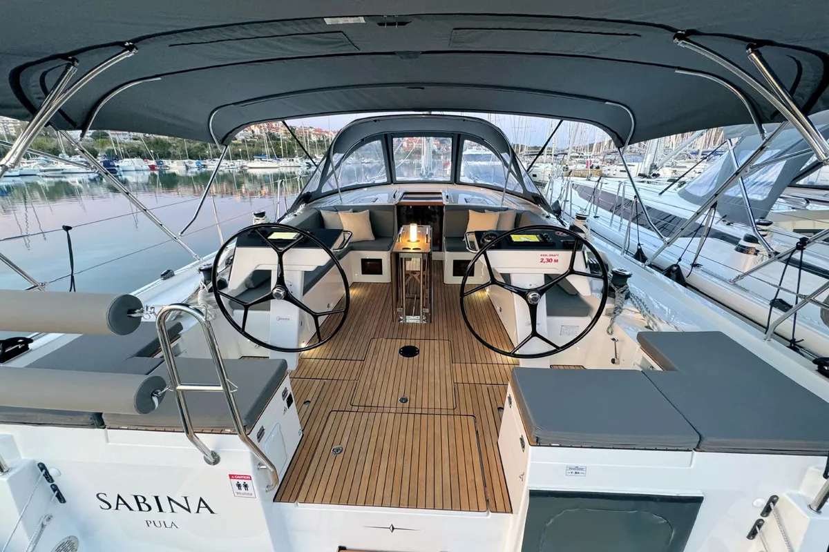 Cockpit of Sabina, a Bavaria C46 sailboat at Pula, Croatia