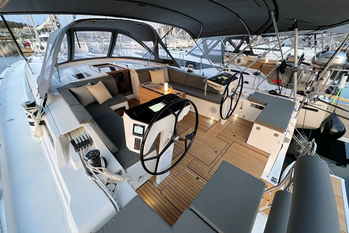 Cockpit of Sabina, a Bavaria C46 sailboat at Pula, Croatia