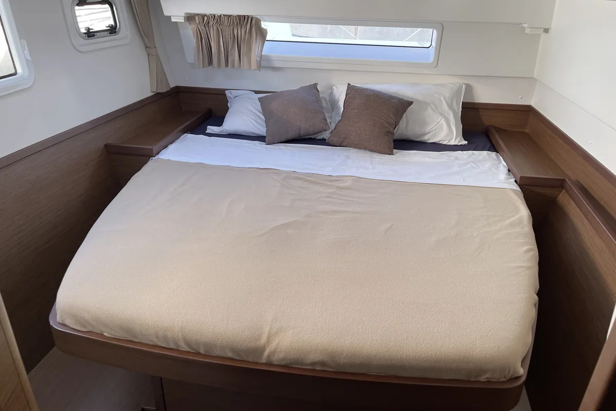 Cabin on Leucotea, a Lagoon 42 catamaran at Salerno, Italy
