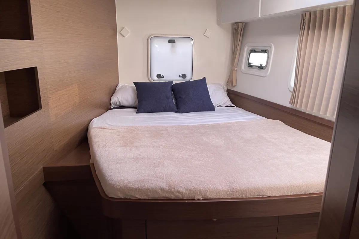 Cabin on Leucotea, a Lagoon 42 catamaran at Salerno, Italy