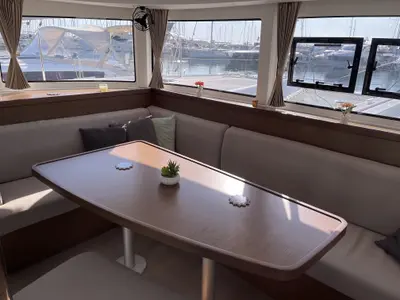 Salon of Leucotea, a Lagoon 42 catamaran at Salerno, Italy
