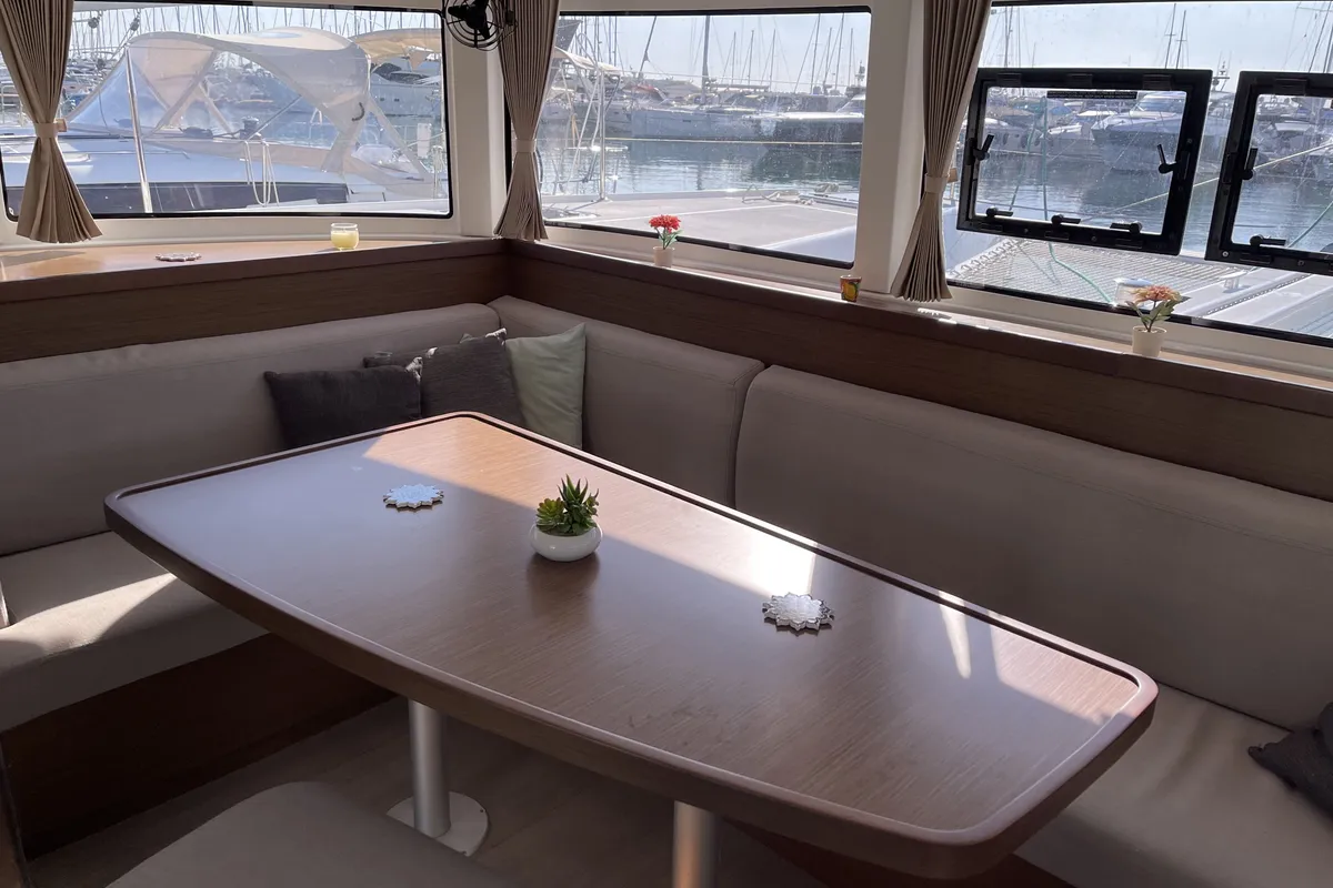 Salon of Leucotea, a Lagoon 42 catamaran at Salerno, Italy