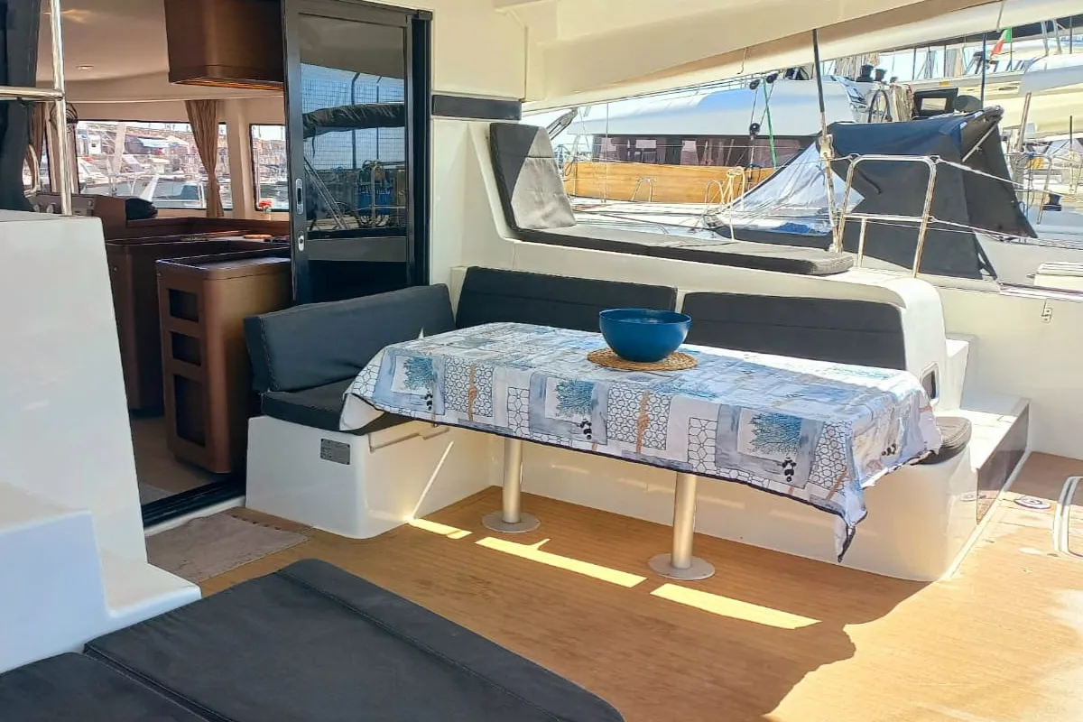 Deck of Leucotea, a Lagoon 42 catamaran at Salerno, Italy