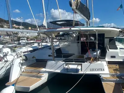 Deck of Leucotea, a Lagoon 42 catamaran at Salerno, Italy