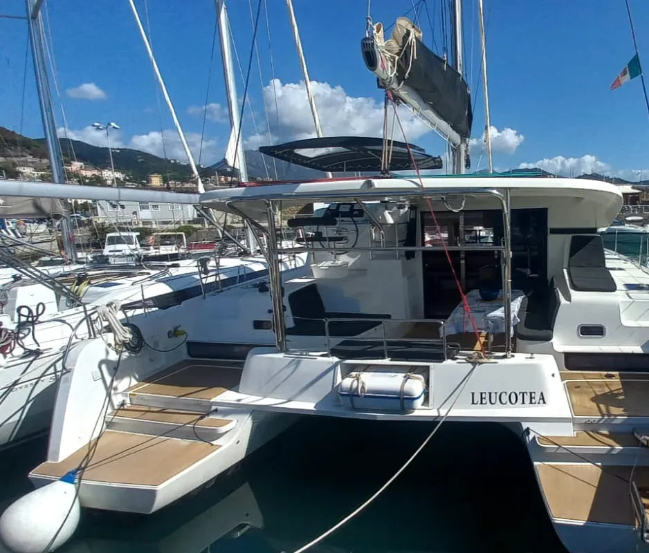 Deck of Leucotea, a Lagoon 42 catamaran at Salerno, Italy