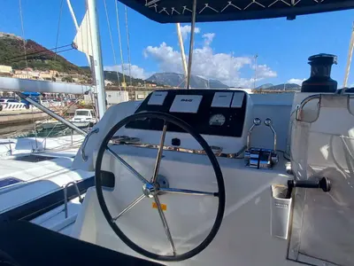 Cockpit of Leucotea, a Lagoon 42 catamaran at Salerno, Italy