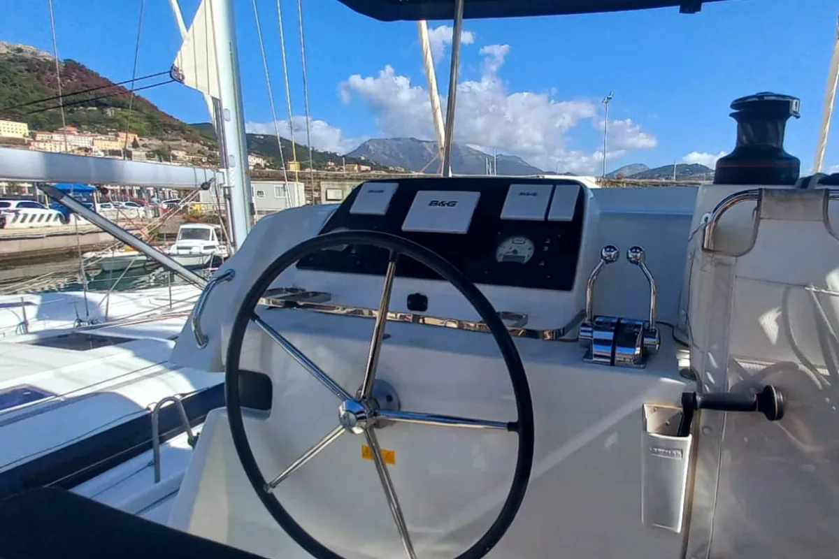 Cockpit of Leucotea, a Lagoon 42 catamaran at Salerno, Italy