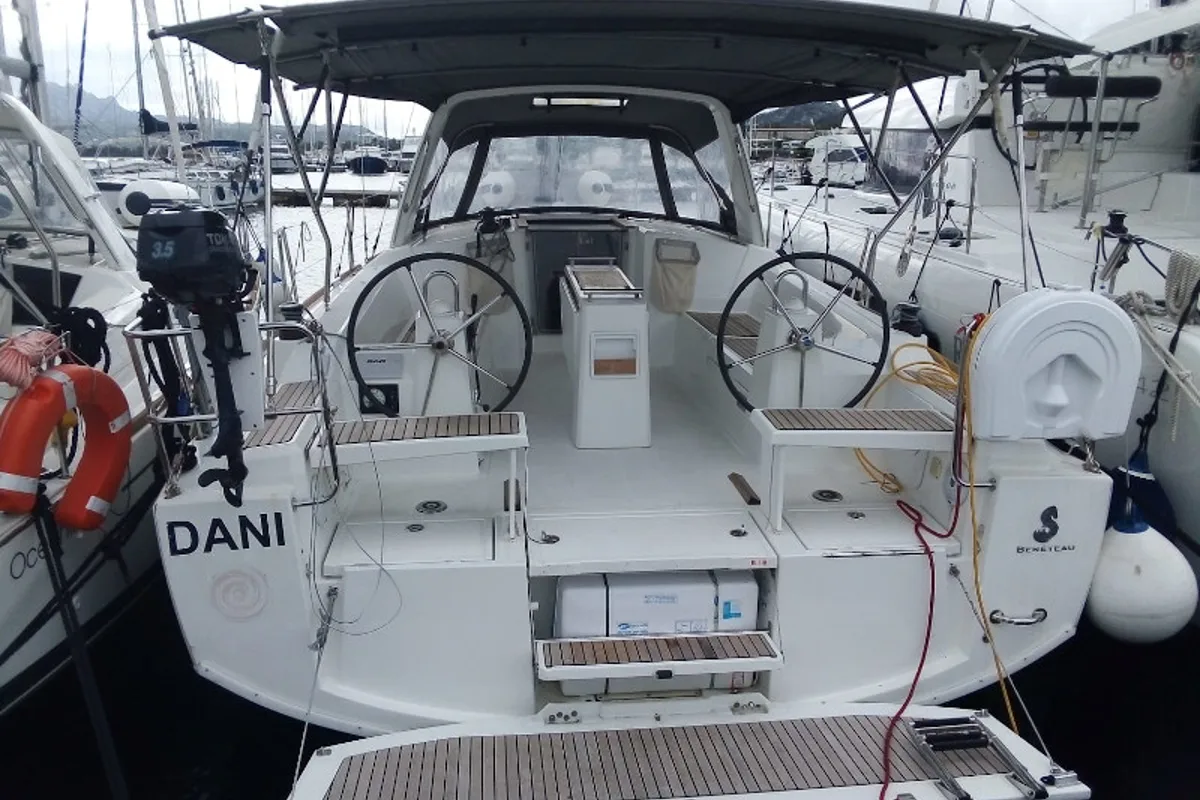 Cockpit of Dani, a Beneteau Oceanis 38.1 sailboat at Cannigione, Italy