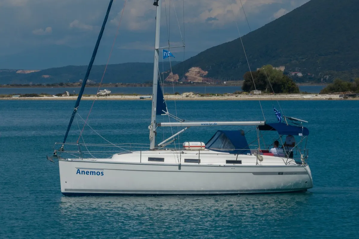 Exterior view of Anemos, a Bavaria Cruiser 32 sailboat at Municipal Unit of Lefkada, Greece