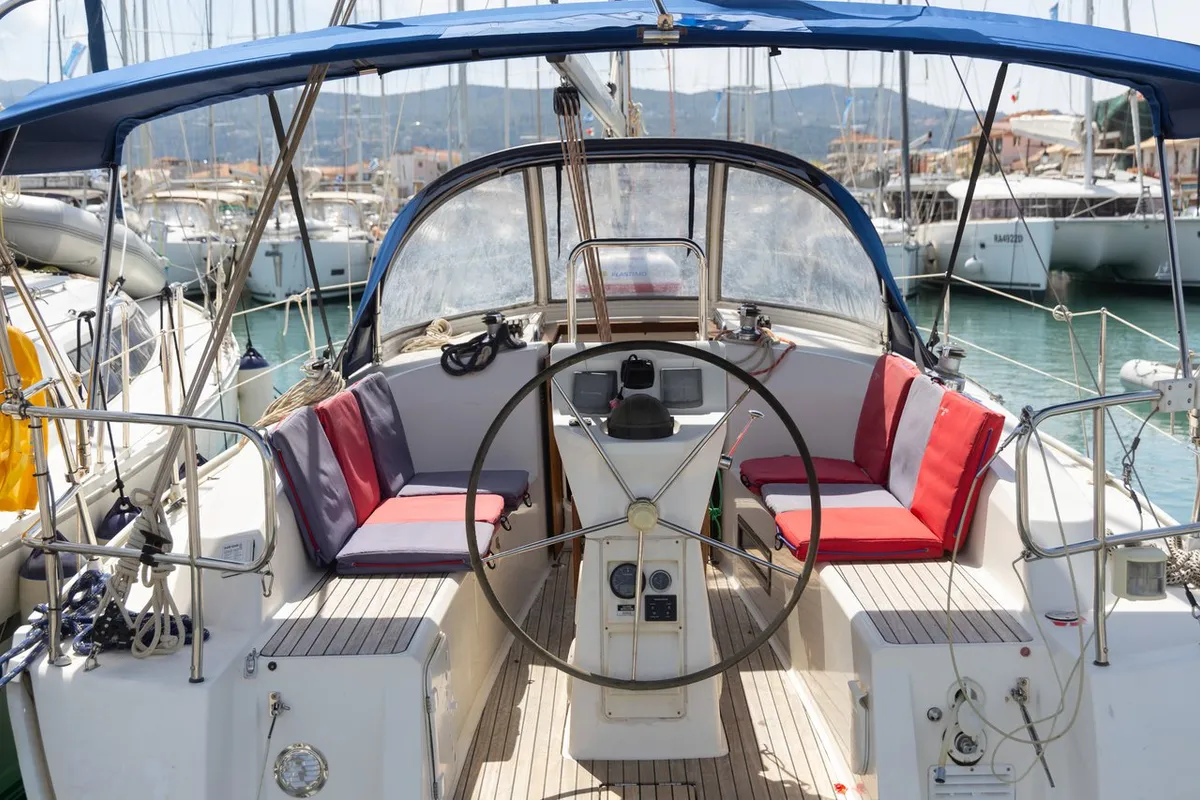 Cockpit of Anemos, a Bavaria Cruiser 32 sailboat at Municipal Unit of Lefkada, Greece