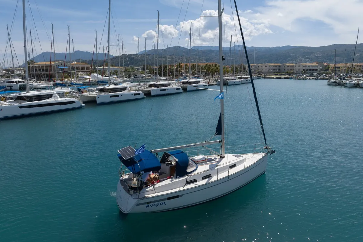 Exterior view of Anemos, a Bavaria Cruiser 32 sailboat at Municipal Unit of Lefkada, Greece