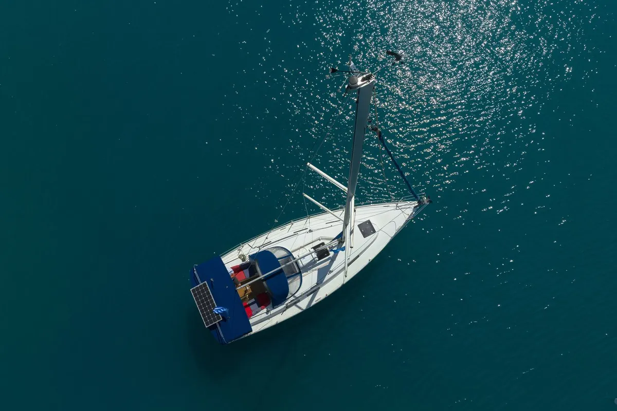 Exterior view of Anemos, a Bavaria Cruiser 32 sailboat at Municipal Unit of Lefkada, Greece
