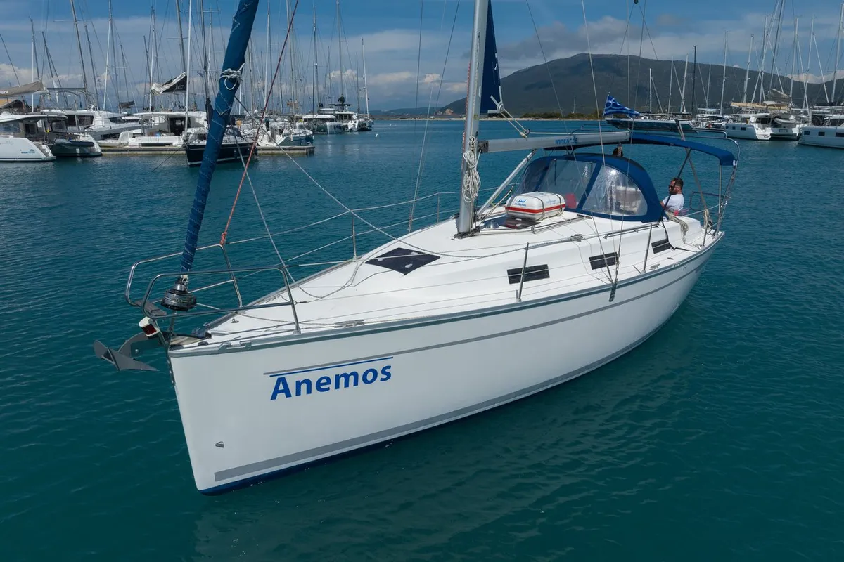 Exterior view of Anemos, a Bavaria Cruiser 32 sailboat at Municipal Unit of Lefkada, Greece