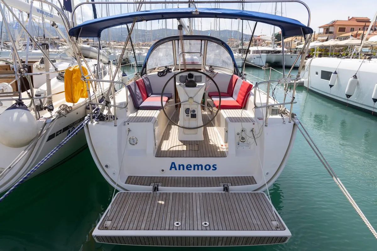 Cockpit of Anemos, a Bavaria Cruiser 32 sailboat at Municipal Unit of Lefkada, Greece