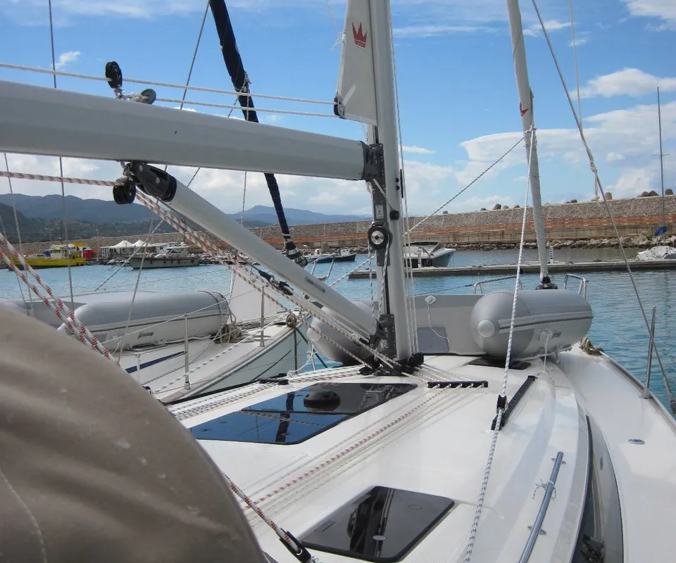 Deck of Marina, a Bavaria Cruiser 41 sailboat at Capo d'Orlando, Italy