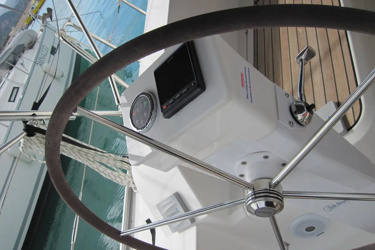 Cockpit of Marina, a Bavaria Cruiser 41 sailboat at Capo d'Orlando, Italy