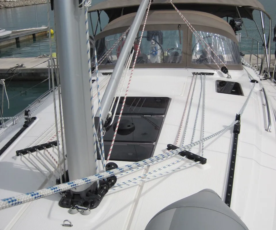 Deck of Marina, a Bavaria Cruiser 41 sailboat at Capo d'Orlando, Italy