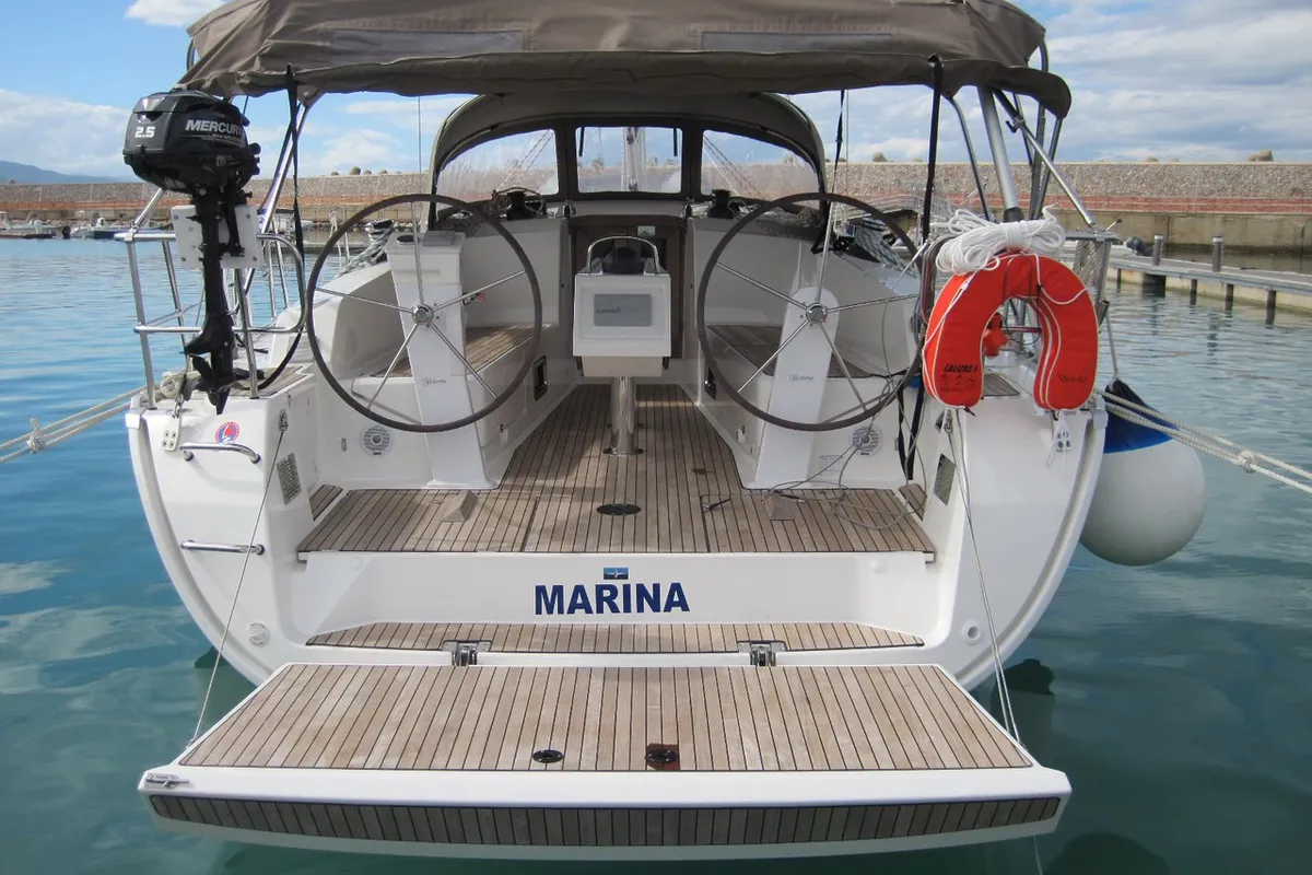 Exterior view of Marina, a Bavaria Cruiser 41 sailboat at Capo d'Orlando, Italy
