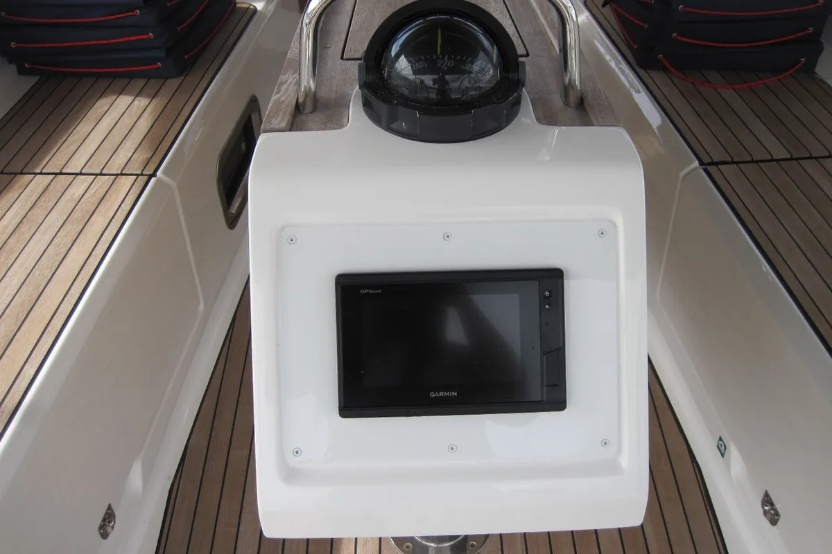 Cockpit of Marina, a Bavaria Cruiser 41 sailboat at Capo d'Orlando, Italy
