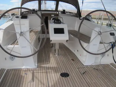 Cockpit of Marina, a Bavaria Cruiser 41 sailboat at Capo d'Orlando, Italy