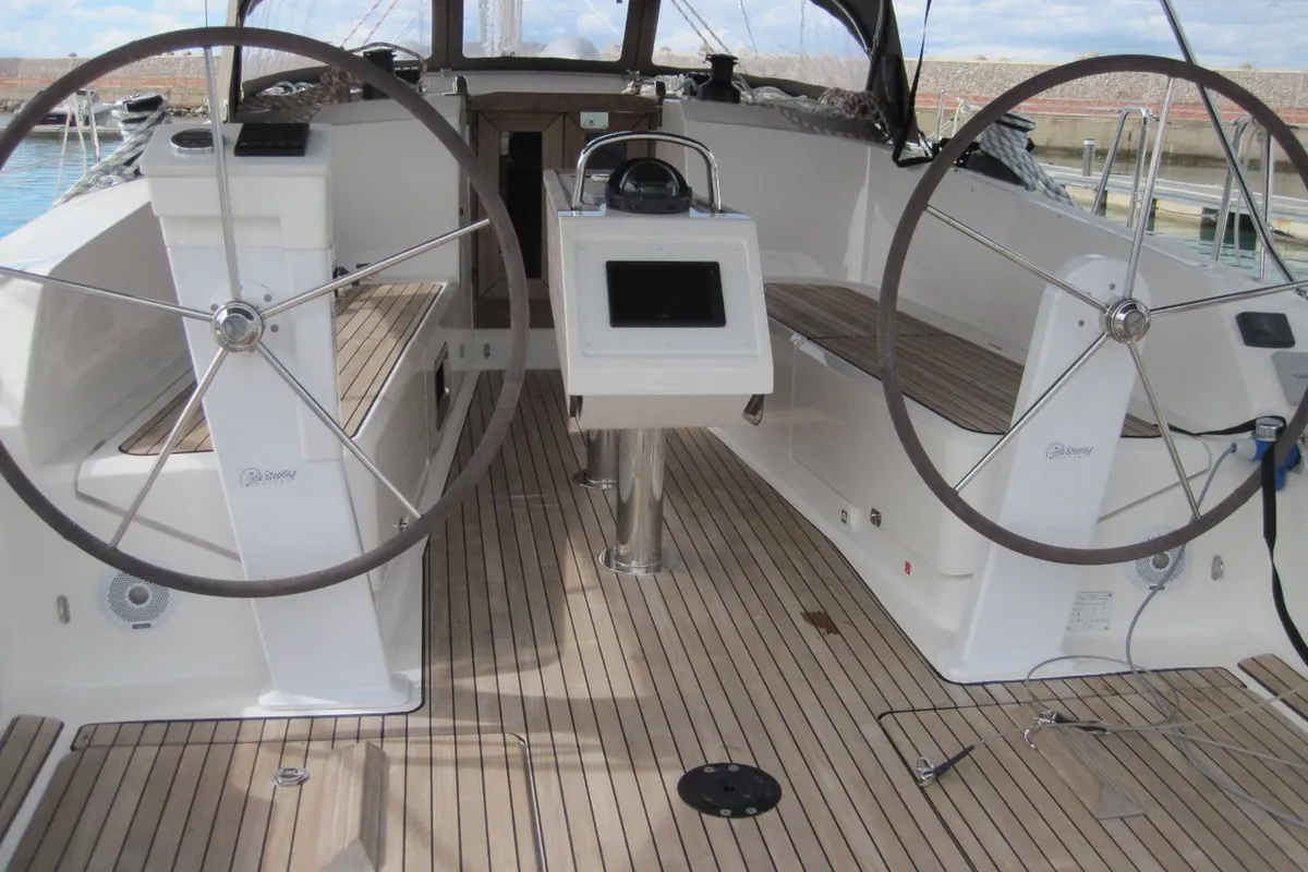 Cockpit of Marina, a Bavaria Cruiser 41 sailboat at Capo d'Orlando, Italy