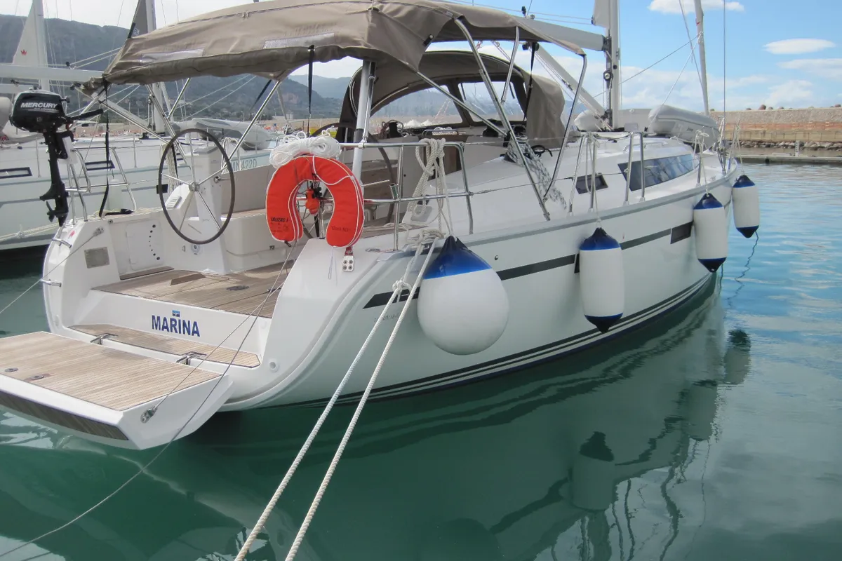 Exterior view of Marina, a Bavaria Cruiser 41 sailboat at Capo d'Orlando, Italy