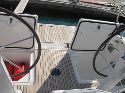 Deck of Marina, a Bavaria Cruiser 41 sailboat at Capo d'Orlando, Italy