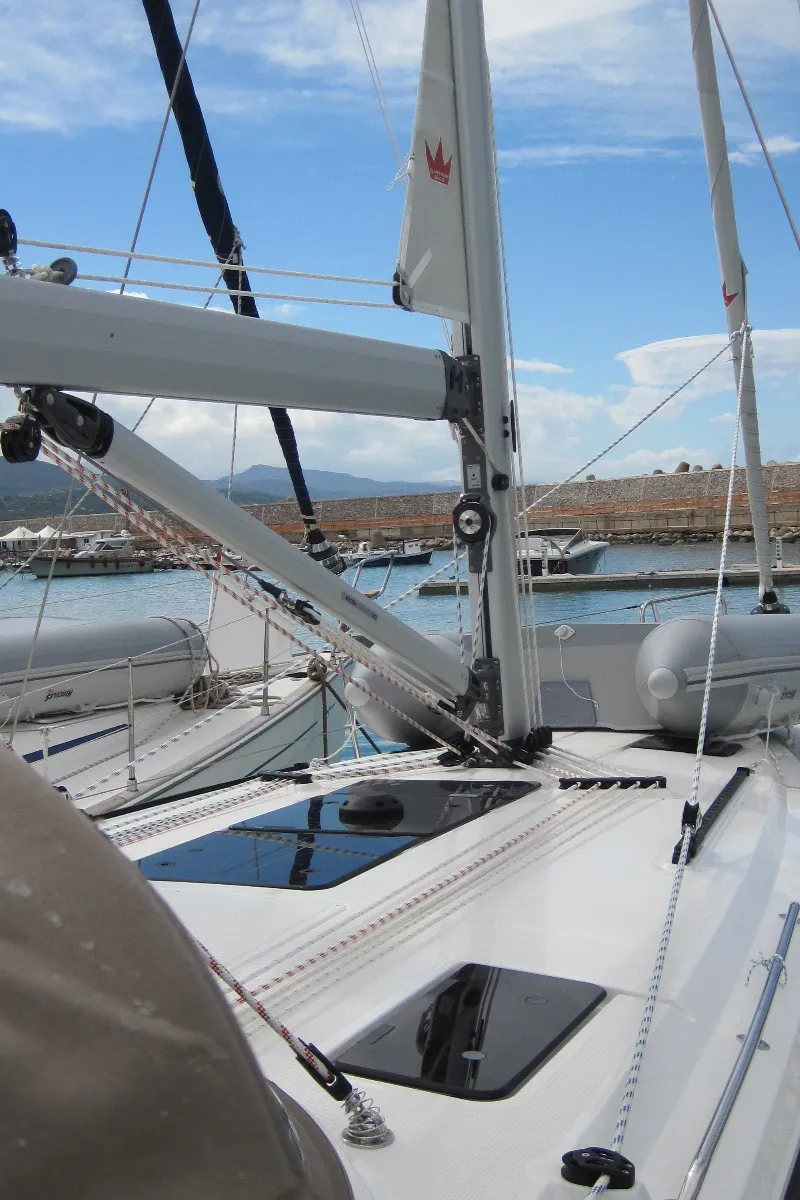Deck of Marina, a Bavaria Cruiser 41 sailboat at Capo d'Orlando, Italy