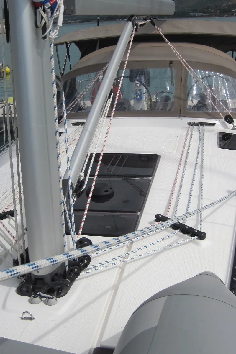 Deck of Marina, a Bavaria Cruiser 41 sailboat at Capo d'Orlando, Italy