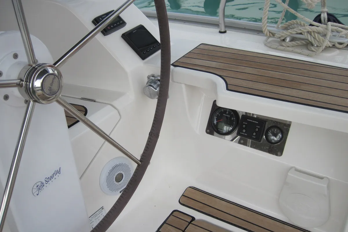 Cockpit of Marina, a Bavaria Cruiser 41 sailboat at Capo d'Orlando, Italy