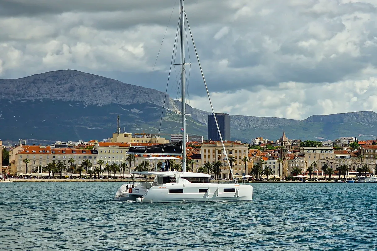 Exterior view of FELICITÀ, a Lagoon 46 catamaran at Split, Croatia