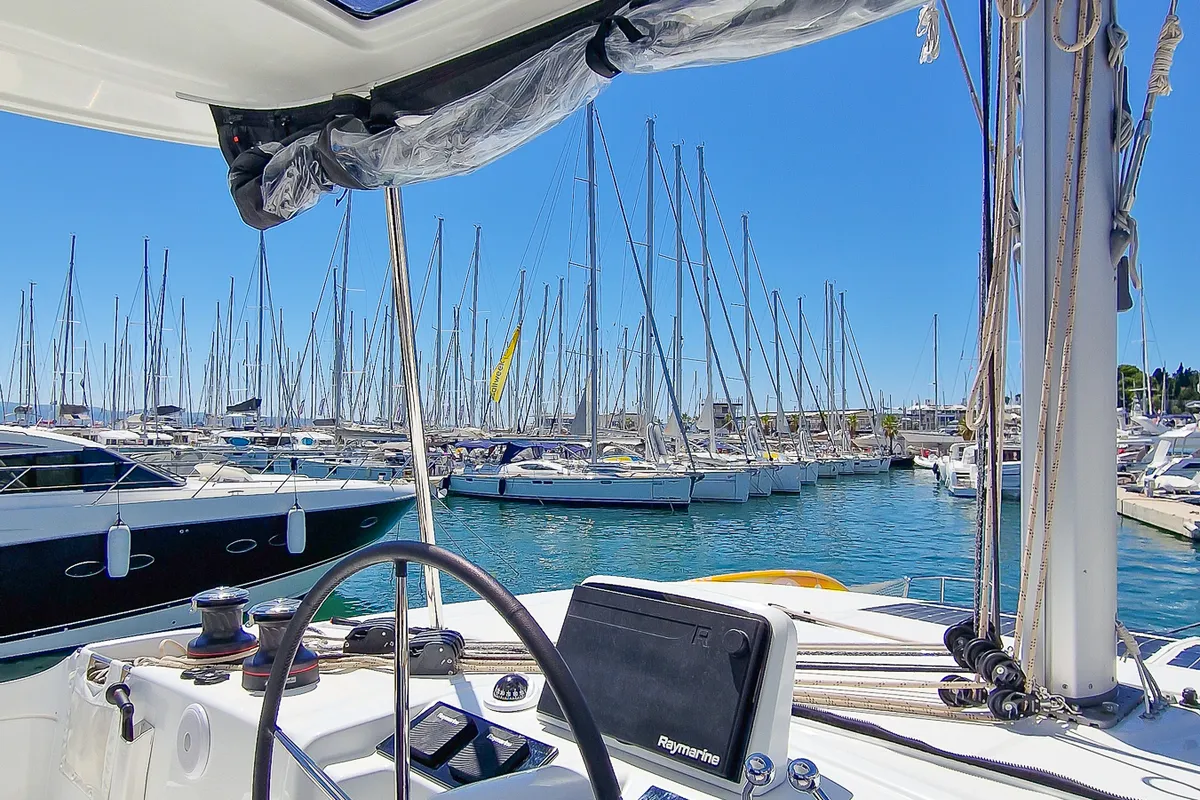Cockpit of FELICITÀ, a Lagoon 46 catamaran at Split, Croatia