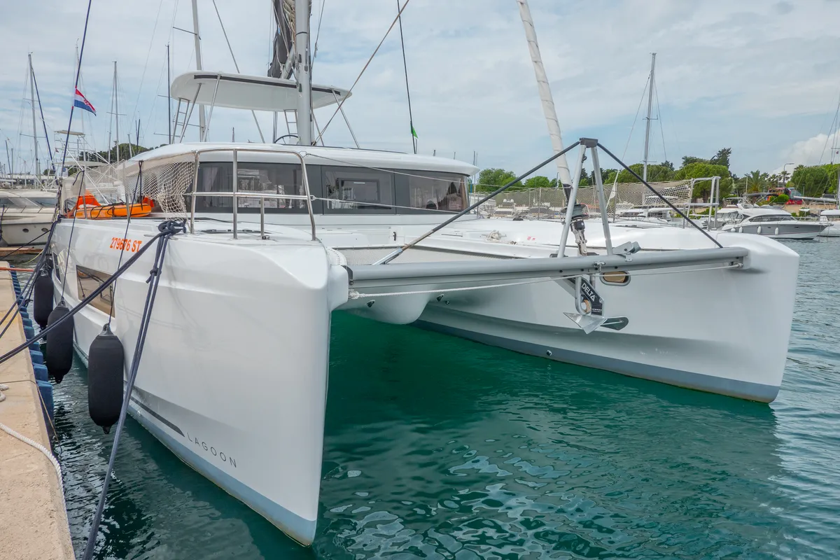 Exterior view of FELICITÀ, a Lagoon 46 catamaran at Split, Croatia