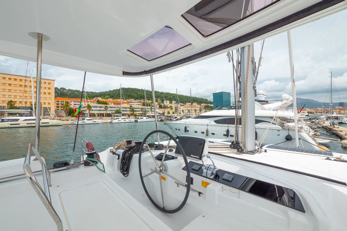 Cockpit of FELICITÀ, a Lagoon 46 catamaran at Split, Croatia
