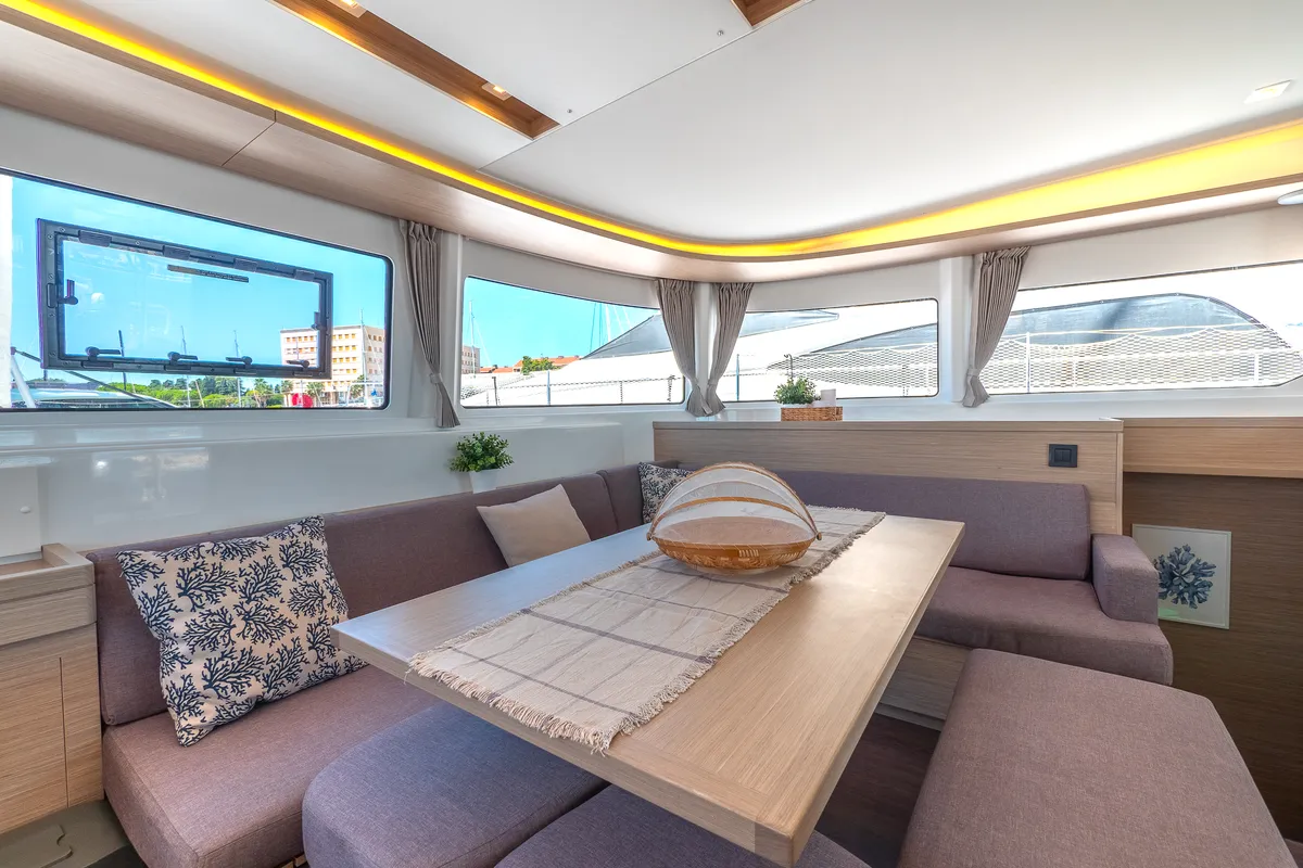 Salon of FELICITÀ, a Lagoon 46 catamaran at Split, Croatia