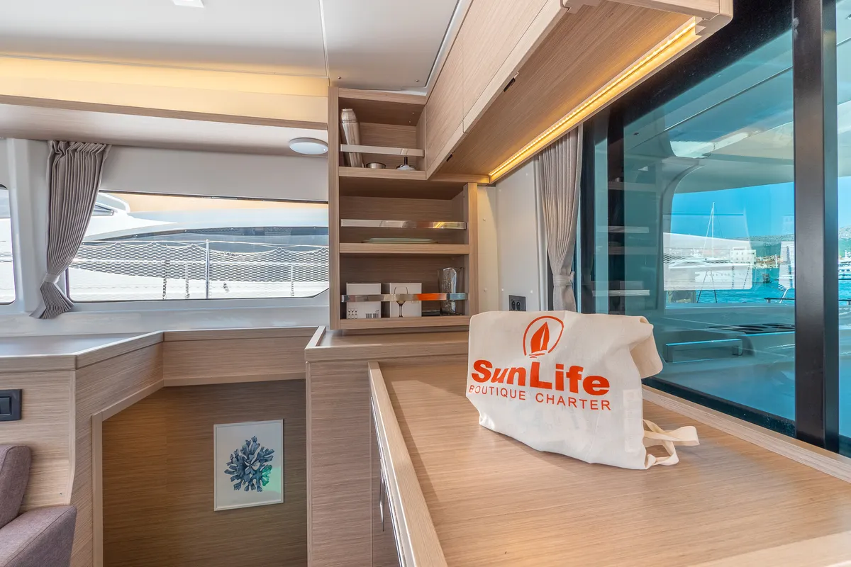 Salon of FELICITÀ, a Lagoon 46 catamaran at Split, Croatia