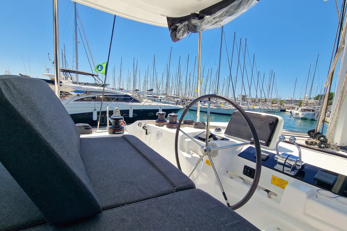 Cockpit of FELICITÀ, a Lagoon 46 catamaran at Split, Croatia