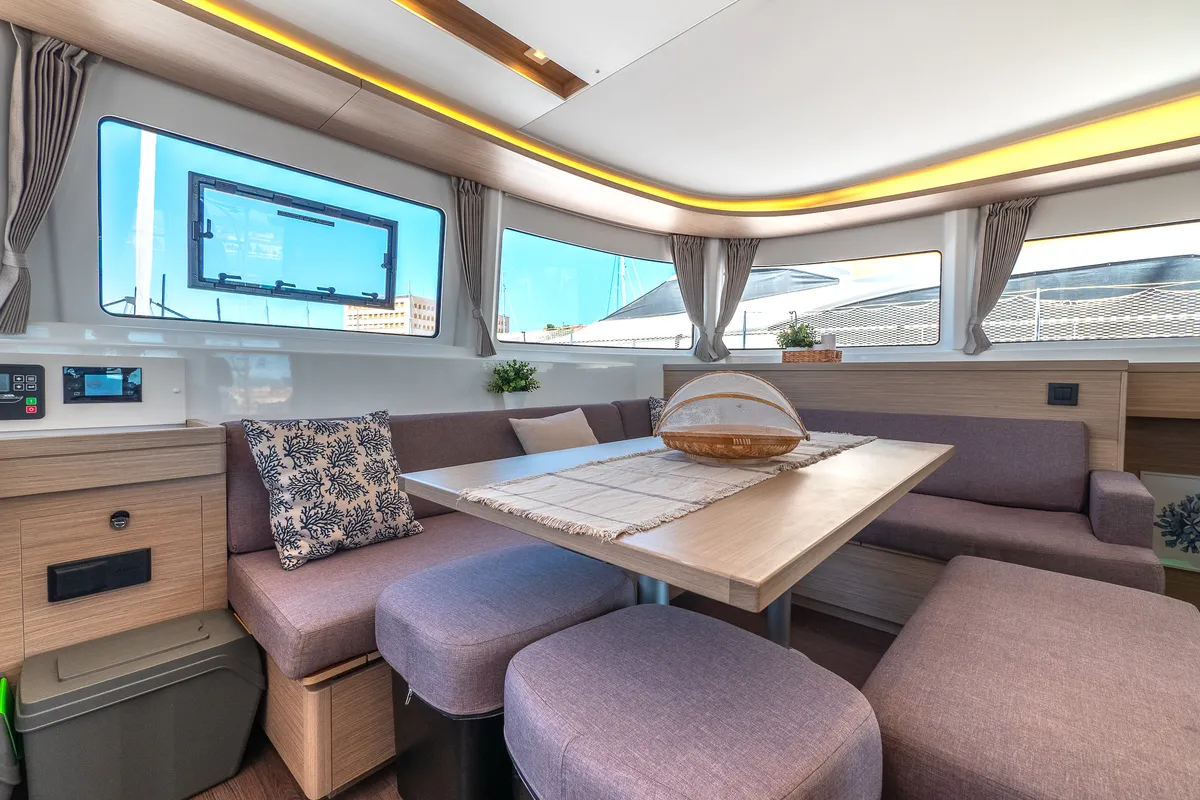 Salon of FELICITÀ, a Lagoon 46 catamaran at Split, Croatia
