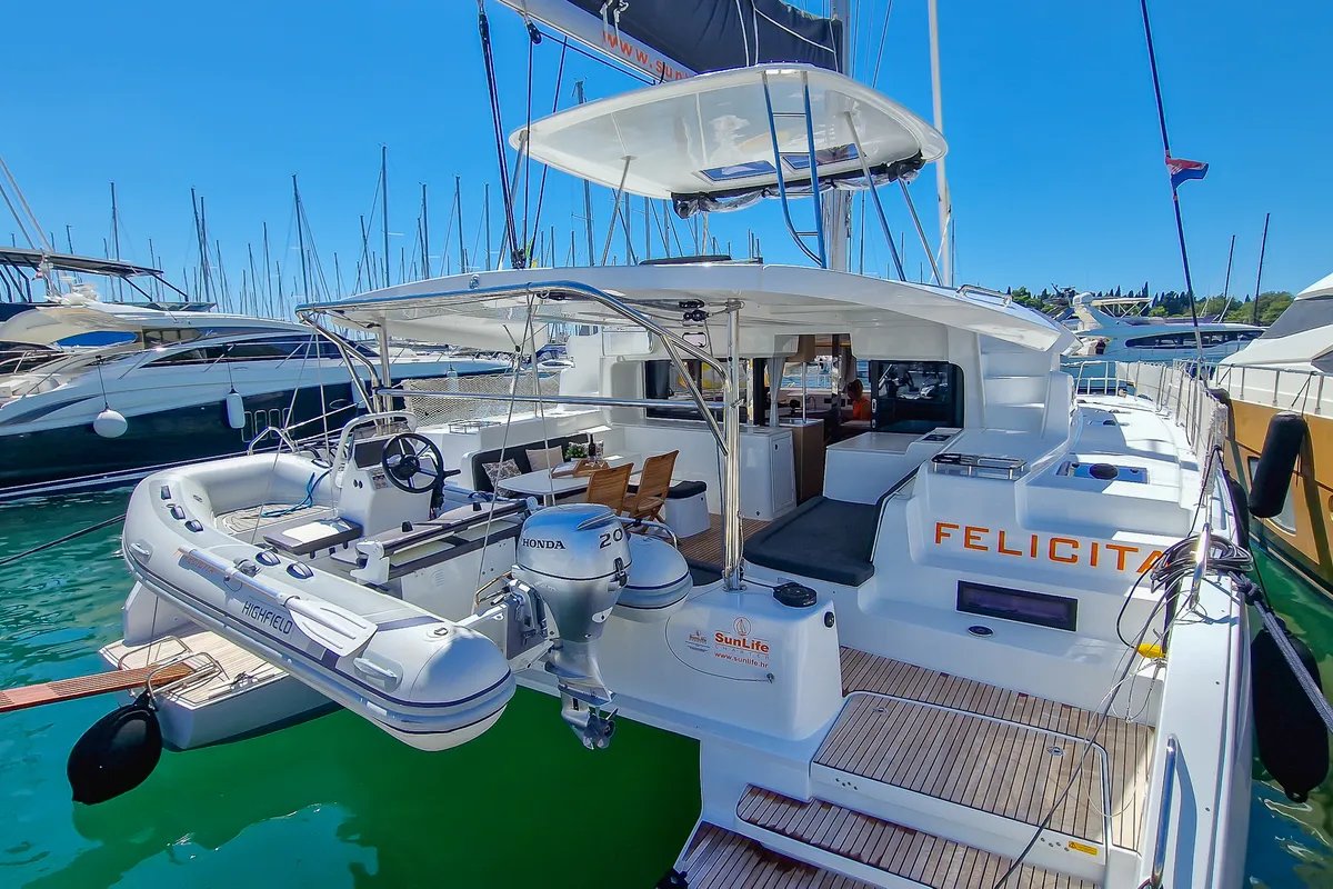 Exterior view of FELICITÀ, a Lagoon 46 catamaran at Split, Croatia