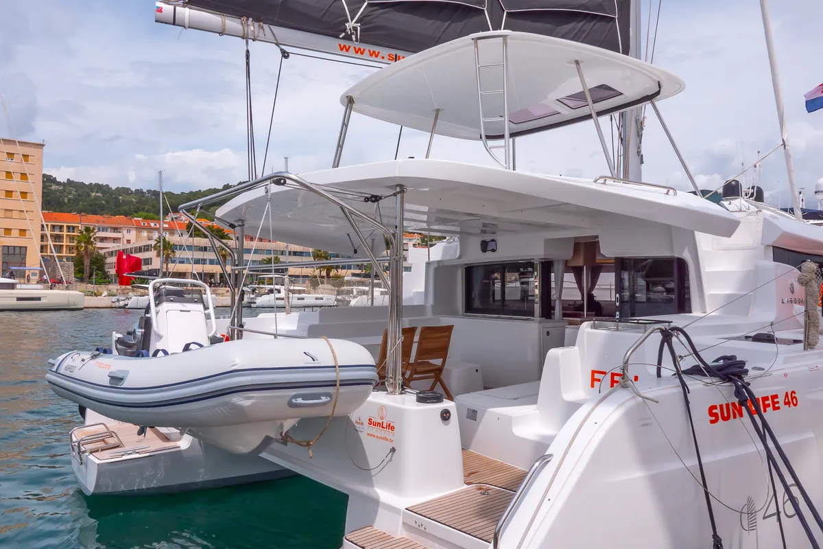 Exterior view of FELICITÀ, a Lagoon 46 catamaran at Split, Croatia