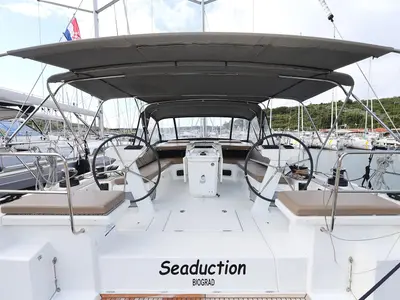 Cockpit of Seaduction, a Beneteau Oceanis 51.1 sailboat at Grad Trogir, Croatia
