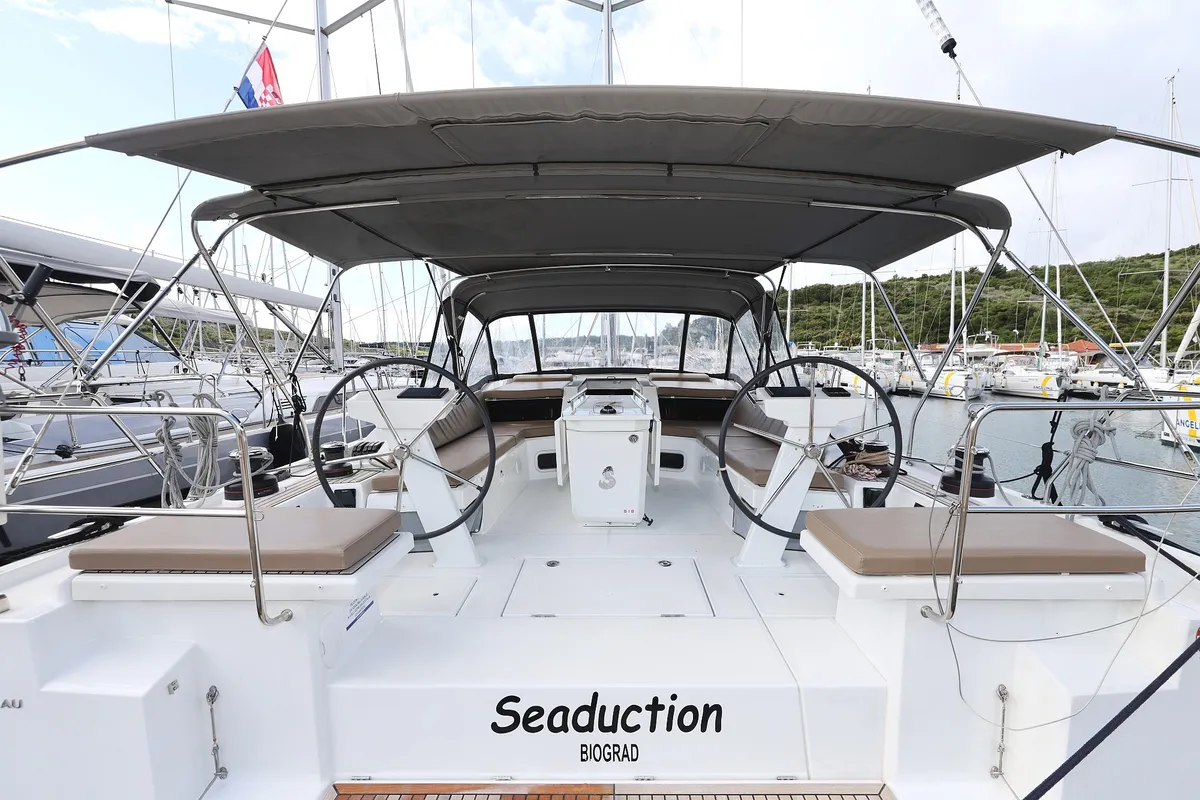 Cockpit of Seaduction, a Beneteau Oceanis 51.1 sailboat at Grad Trogir, Croatia