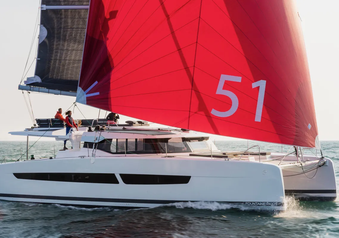 Premium +, a Fountaine Pajot Aura 51 catamaran at Sant Antoni de Portmany, Spain