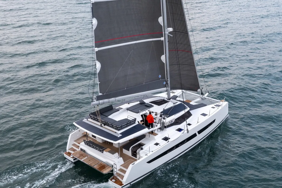 Premium +, a Fountaine Pajot Aura 51 catamaran at Sant Antoni de Portmany, Spain