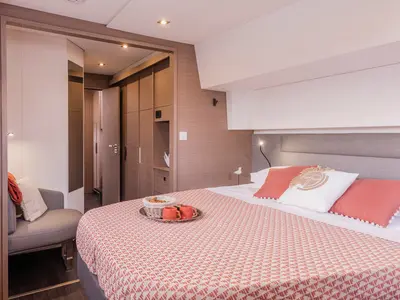 Premium +, a Fountaine Pajot Aura 51 catamaran at Sant Antoni de Portmany, Spain