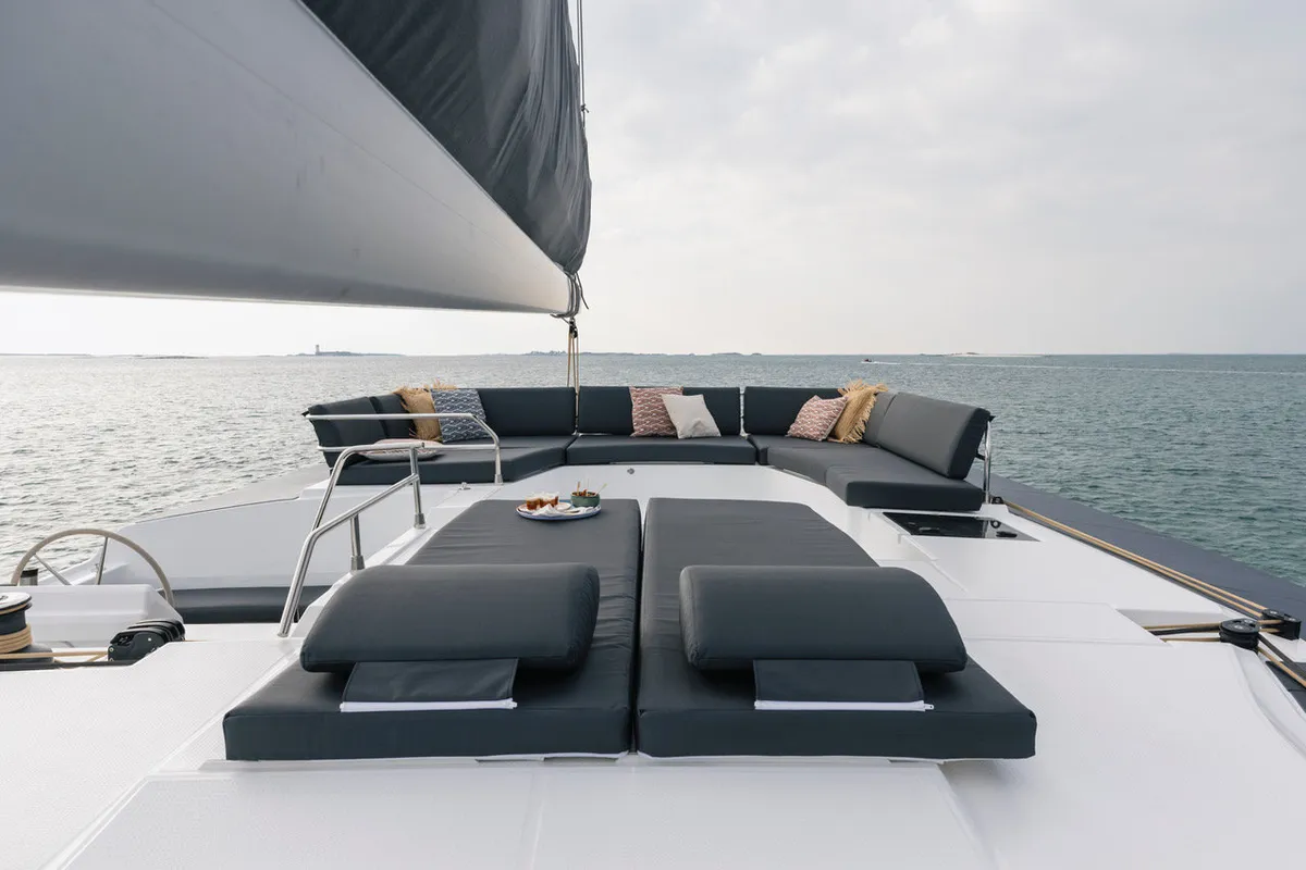 Premium +, a Fountaine Pajot Aura 51 catamaran at Sant Antoni de Portmany, Spain